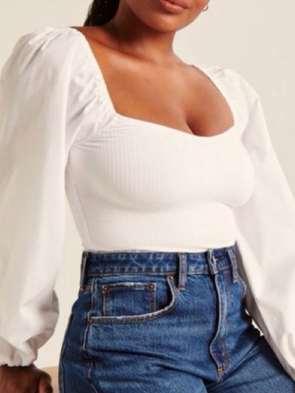 NWT Abercrombie & Fitch Puff Long Sleeve Ribbed‎ Bodice Blouse in White XS - Picture 7 of 7